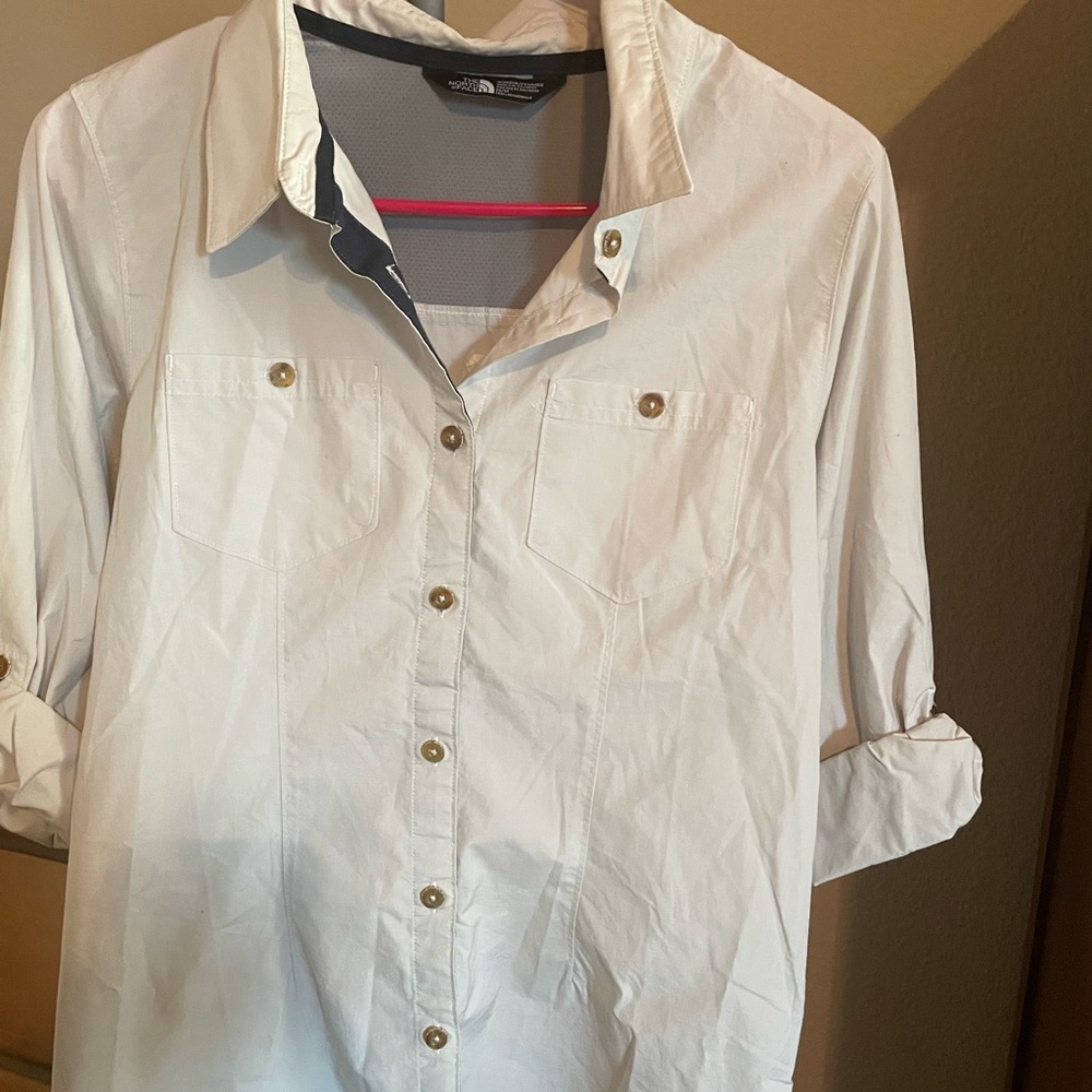 White Button-Up Shirt with Gold Accents